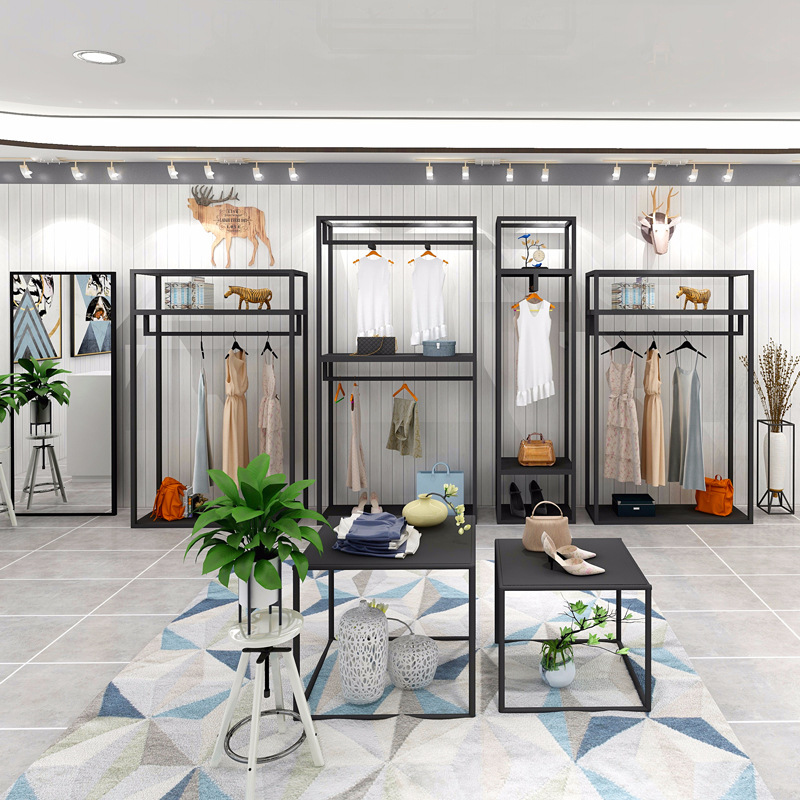 服装店挂衣架展示架落地式女装店双层高柜货架铁艺中岛架衣服架子