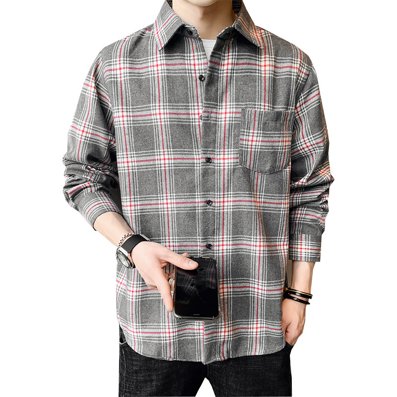 格子衬衫男士秋装新款潮流宽松长袖衬衣男韩版潮牌休闲寸衣外套男
