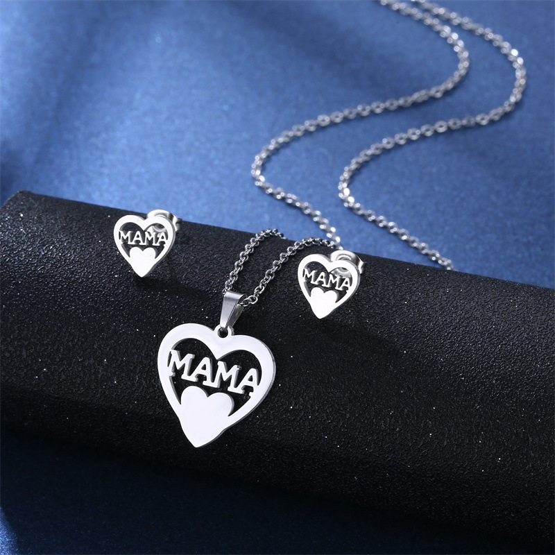 South American Stainless Steel Heart-Shaped Mama Ornament Set Love Mother Pendant Mother's Day Two-Piece Set Wholesale