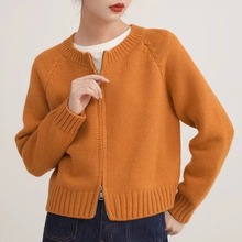 双拉链毛衣外套女秋冬短款设计感小众粗针韩系橘色针织开衫
