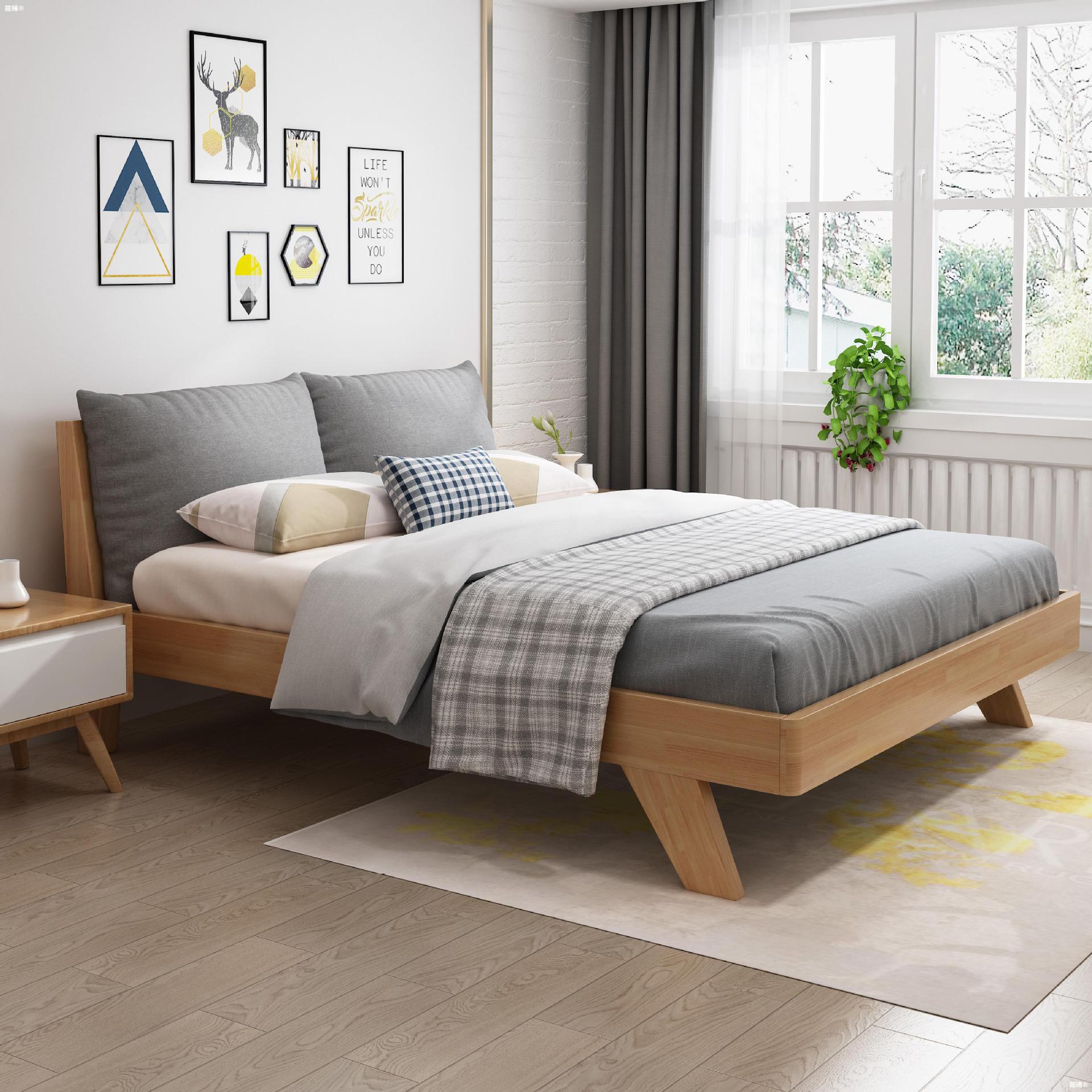 加厚实木床北欧现代简约1.5米日式双人榻榻米主卧1.8经济型软靠床