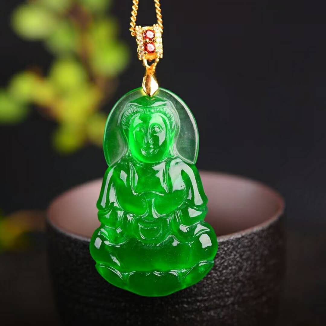 厂家批发玉石翡翠观音吊坠项链绿色玉观音挂件男女款玉坠高冰满绿