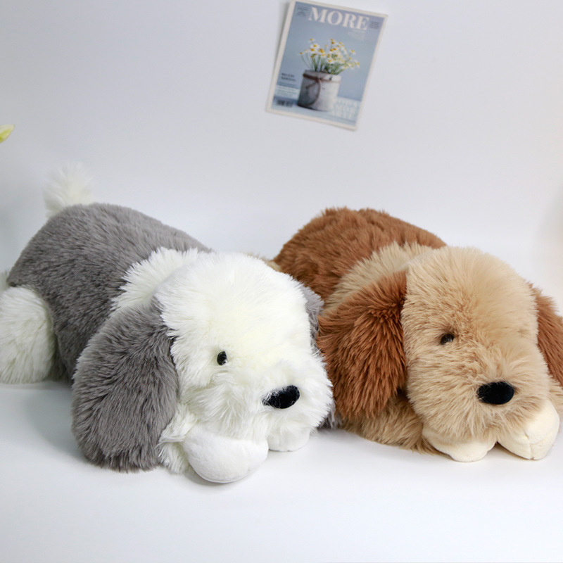 赛特嘟嘟双色长毛狗毛绒玩具拼色趴姿狗玩偶睡觉抱枕一件代发