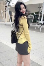 韩系少女心奶黄色针织衫长袖t恤女春秋薄款薄荷绿内搭打底衫上衣