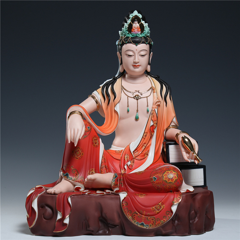 德化陶瓷16吋坐石自在观音观音佛像供奉家用观世音菩萨收藏品摆件