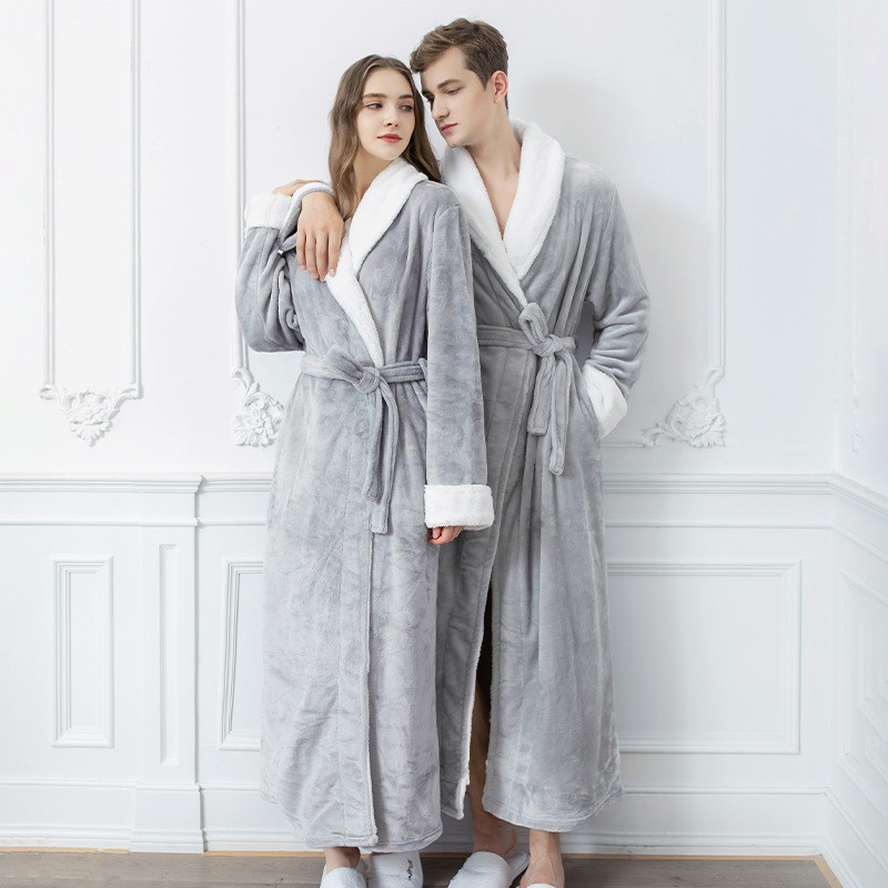 Autumn and Winter Flannel Nightgown Fleece-lined Thickened Couple Men's Long Pajamas Women's Cute Loungewear Wholesale