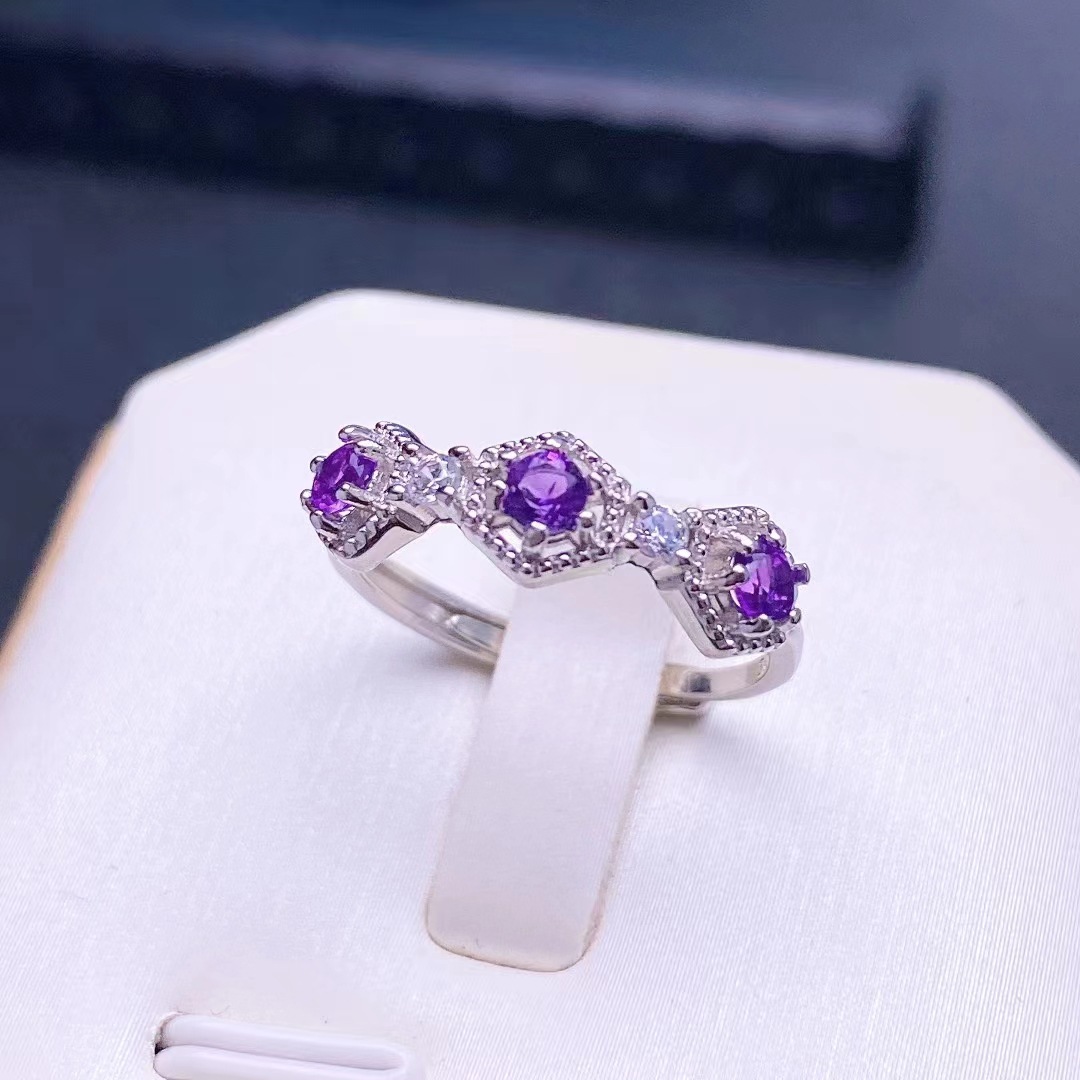 紫水晶戒指s925纯银镶嵌天然紫水晶戒指活口设计女款紫水晶戒指批