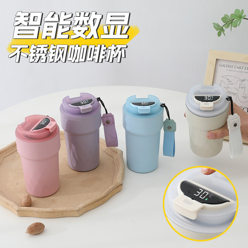 New Smart Temperature-Showing Rhombus Coffee Cup Girl Good-looking Thermos Cup with Rope Handle Portable Vehicle-Mounted Cup with Straw