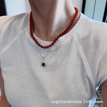 新中式ins小众设计天然红玛瑙法式打结天然石串珠项链锁骨链