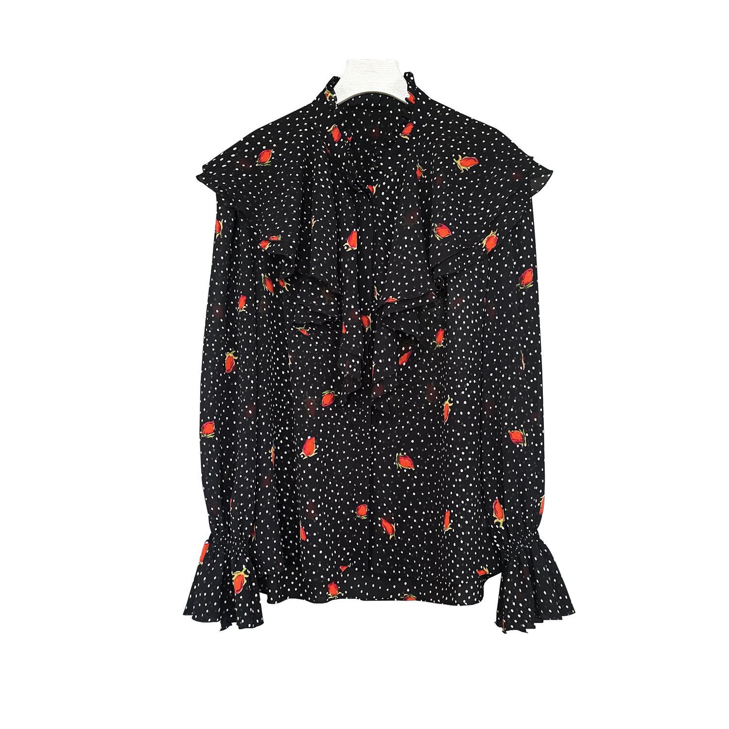 2024夏季新款 刘一菲玫瑰同款休闲荷叶边领子印花波点衬衫上衣