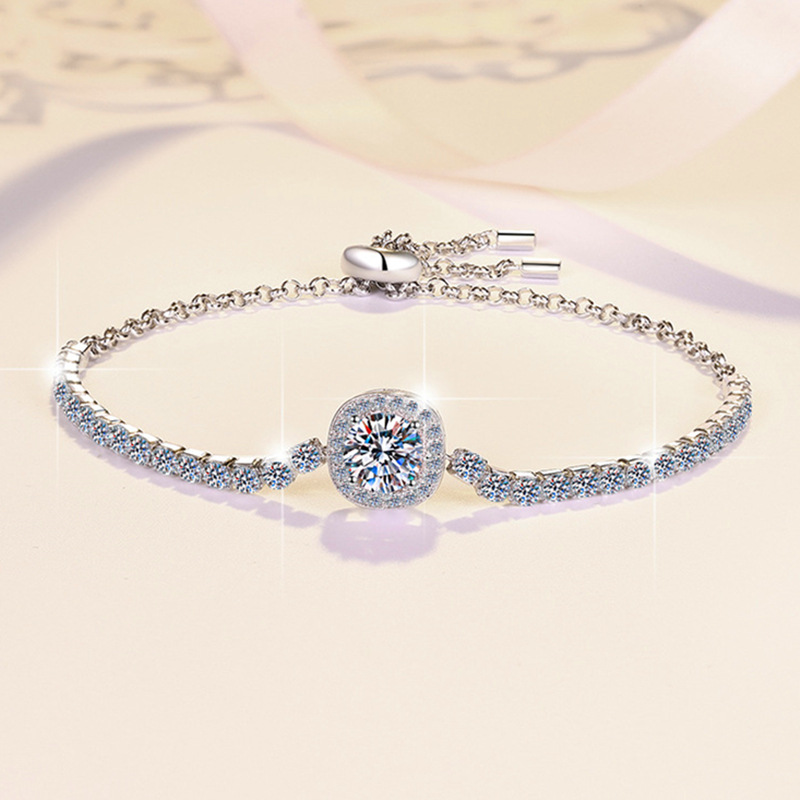 小方包锆石水晶满钻个性s925纯银手链女收缩抽拉欧美外贸手饰批发