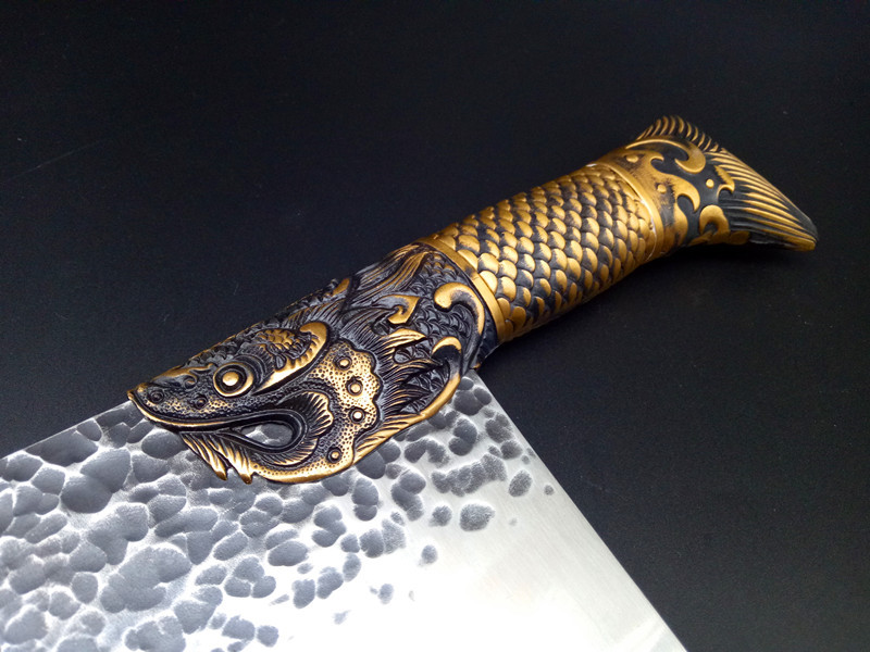 龙泉菜刀套装黄金余全铜手柄精品专业砍骨刀不锈钢斩切双用刀