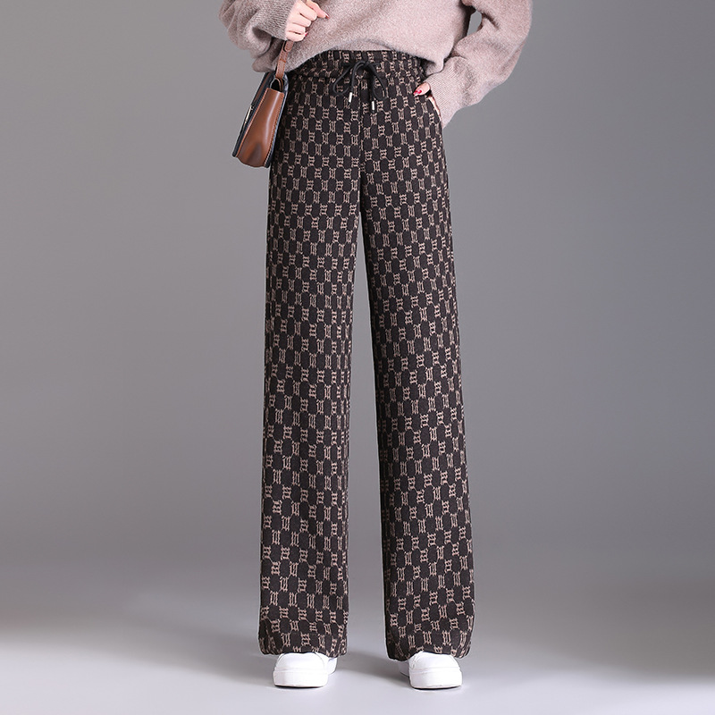 Chessboard Plaid Wide-Leg Pants for Women Autumn and Winter 2023 New High Waist Drooping Small Casual Mopping Plaid Woolen Pants