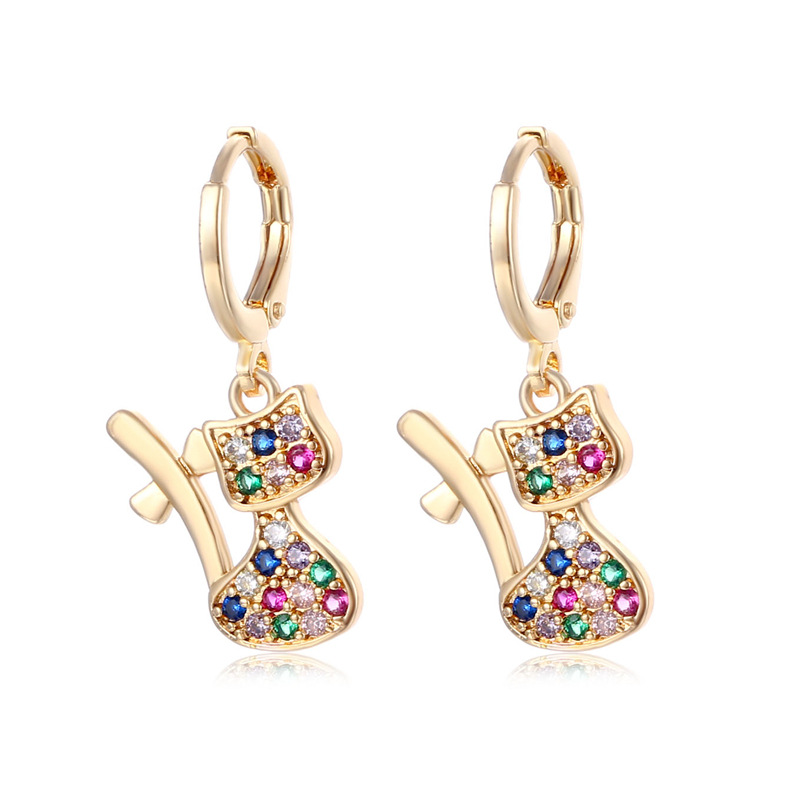 Europe and America Cross Border Fashion Ornament Women's Foreign Trade Gold-Plated Color Zircon Cat Earrings Mixed Color Crystal Eardrop Earring