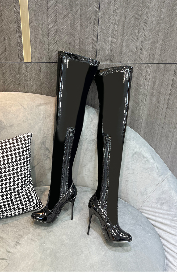 代发跨境2021秋季新款过膝长靴漆皮弹力尖头低跟10公分大码女靴