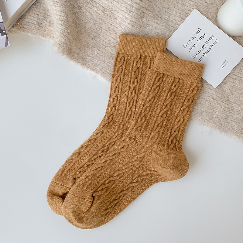 Wool Socks Women's Autumn and Winter Mid-Calf Length Socks Thickened Stockings Winter Warm Twist Cashmere Solid Color Maternity Socks