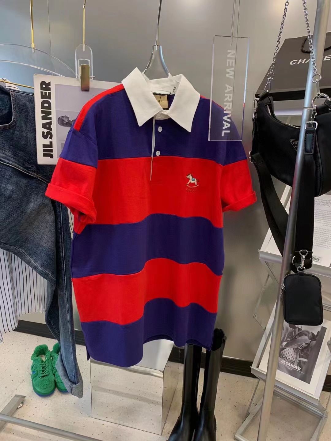 潮牌22春夏新款 小马刺绣红蓝撞色粗条纹polo衫简约短袖t恤女