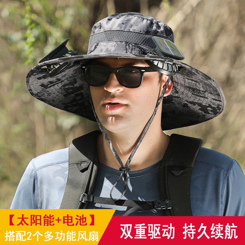 Long Endurance Lithium Battery Fan Solar Charging Strong Wind Power Summer Big Edge Sun Protection Hat Male Sun-Shade Fisherman Hat Quick-Drying