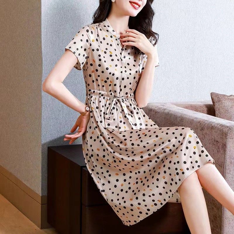 杭州重磅真丝高档连衣裙长款过膝修身显瘦波点桑蚕丝裙子特价清仓