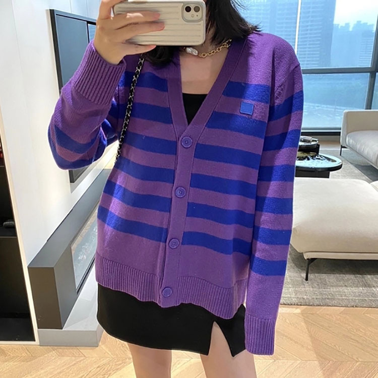 21早秋新款方块笑脸拼色条纹休闲针织开衫女宽松单排扣v领毛衣潮
