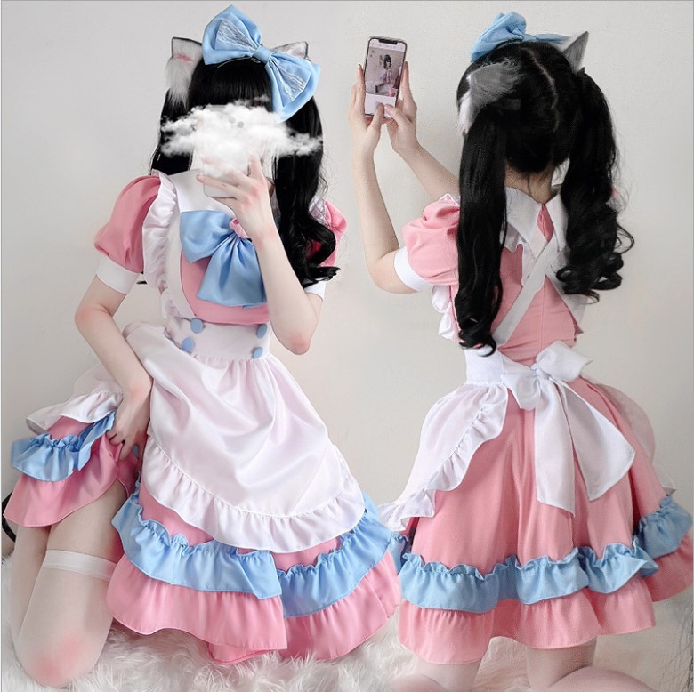 New Super Cute Pink Blue Maid Cosplay Alice Cute Lolita Women's Clothing L Lolita Suit Dress