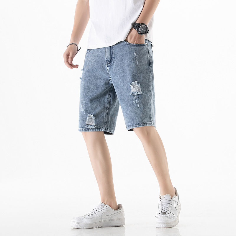 Summer Thin Denim Shorts Men's Fashion Brand Ripped Cropped Pants Loose Straight Korean Style Work Clothes Casual Cropped Pants