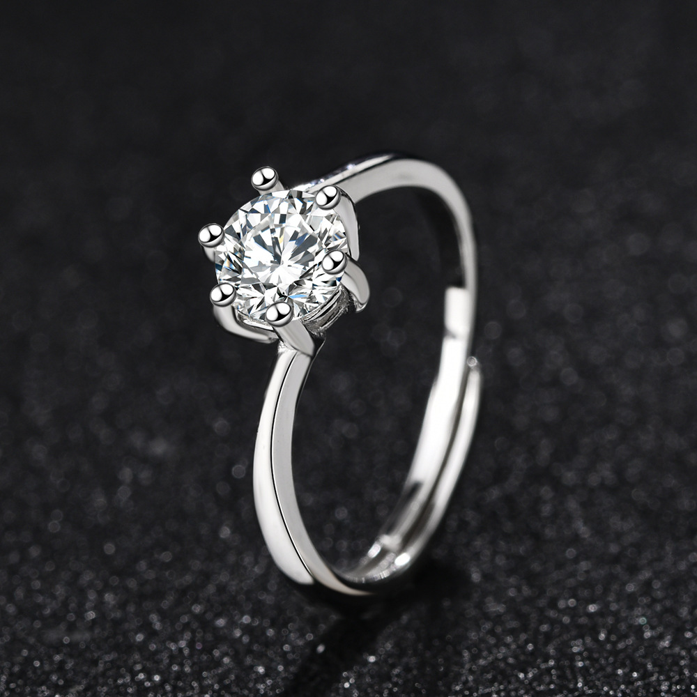 纯银s925莫桑石戒指女经典六爪一克拉优雅气质活口钻戒情人节礼物