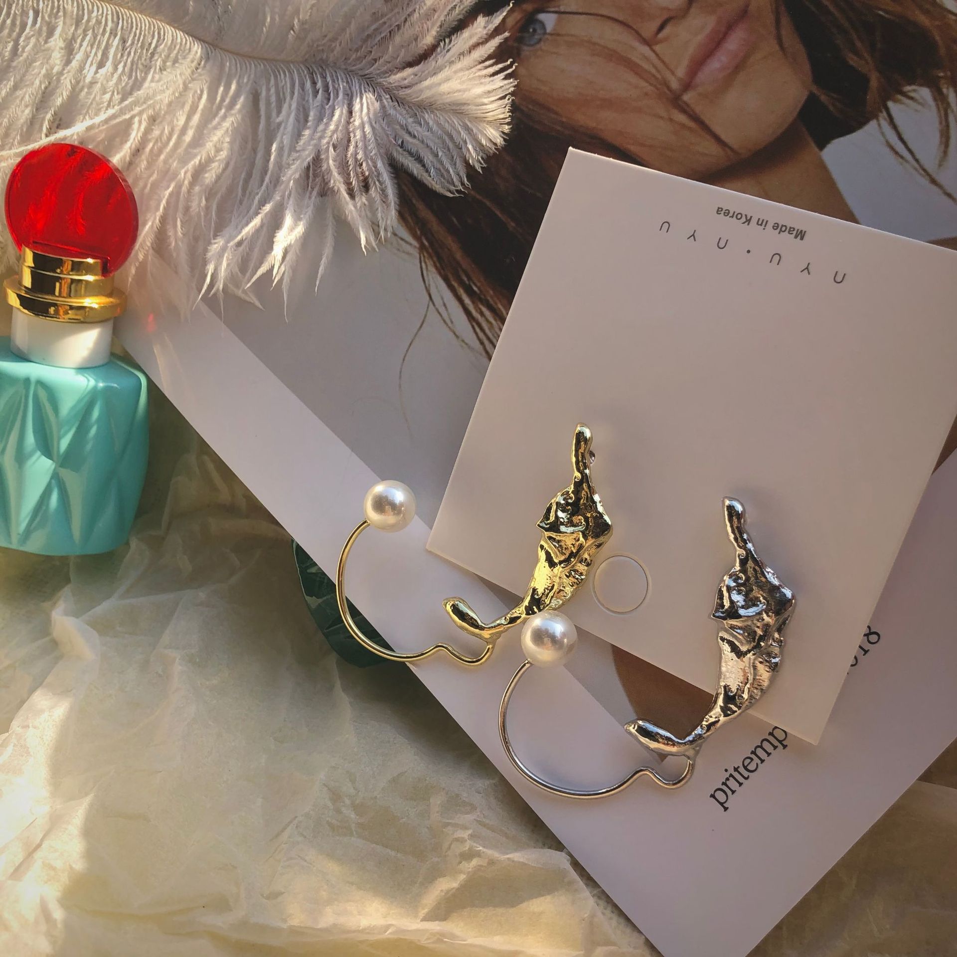 不规则锡纸耳挂耳环女ins小众设计个性朋克冷淡风珍珠耳饰