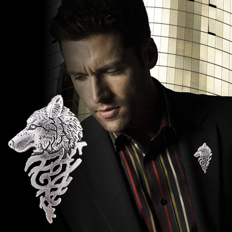 新款复古男士西装狼头领针胸章 复古个性霸气狼头胸针wolf brooch