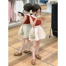 绿色伴侣韩版女童夏季新款小众气质红色镂空针织背心女宝碎花纱纱