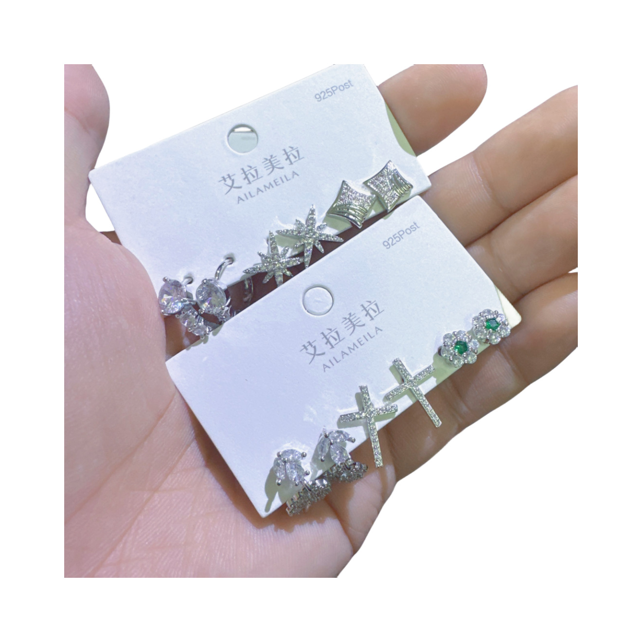 Simple All-Match Sterling Silver Needle One Card Three Pairs of Ear Studs Zircon Micro-Inlaid Set Combination Earring Ear Clip Wholesale Earrings