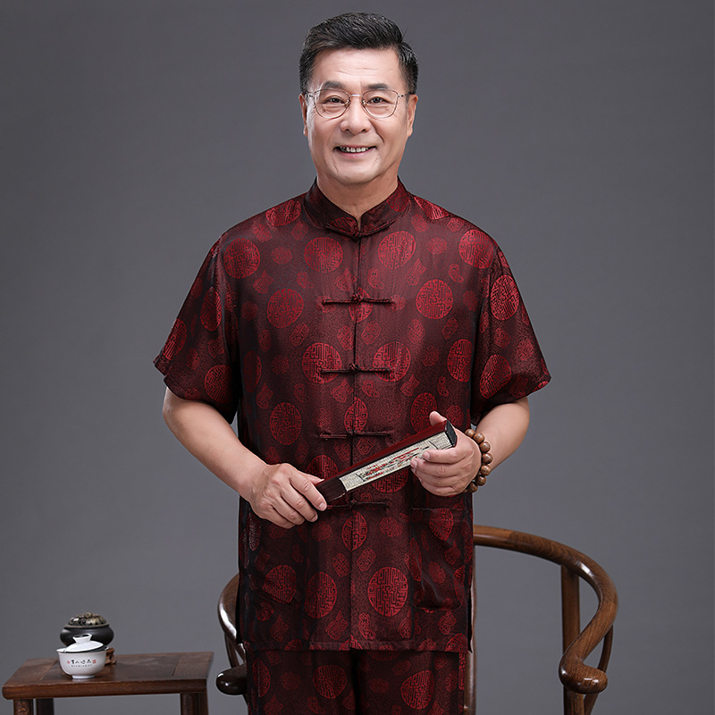 真丝唐装男桑蚕丝中老年夏季薄款爷爷夏装套装短袖高端父亲节送礼