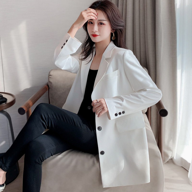 白色西装外套女中长款春秋季2021新款韩版宽松休闲网红黑色小西服