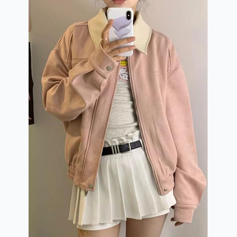 美式复古粉色麂皮绒夹克外套女秋冬新款设计感宽松显瘦翻领外套潮