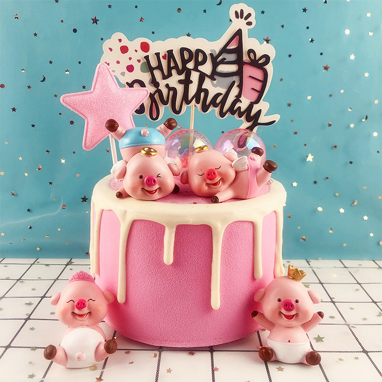 网红情侣可爱漂亮小猪生日蛋糕装饰摆件俏皮猪烘焙甜品台派对装饰