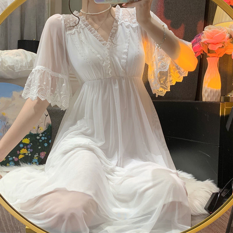 padded pajamas women‘s summer new court princess style pure lace mesh nightdress sweet twinset outfit