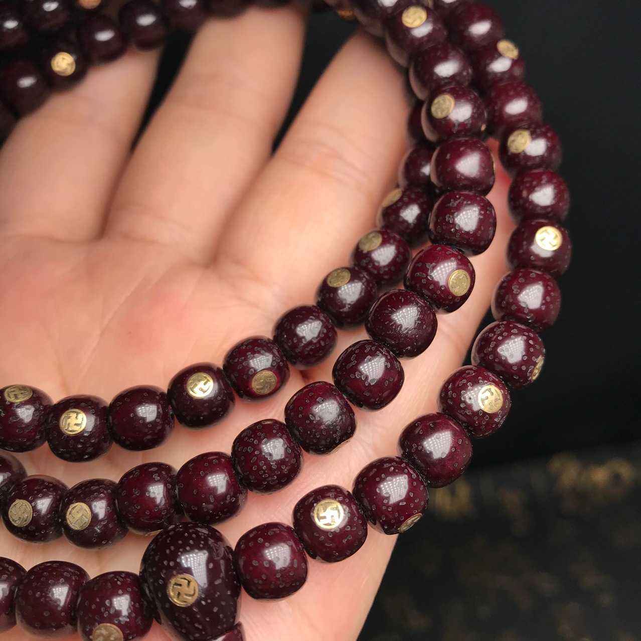 老型桶朱砂供镶嵌万字符星月菩提子108颗佛珠带三通转运圈念珠