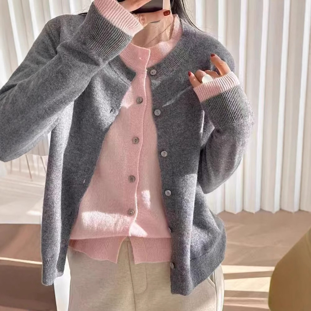 100% woolen sweater cardigan korean style color matching advanced idle style fake two-piece knitted sweaters women‘s round neck sweater coat