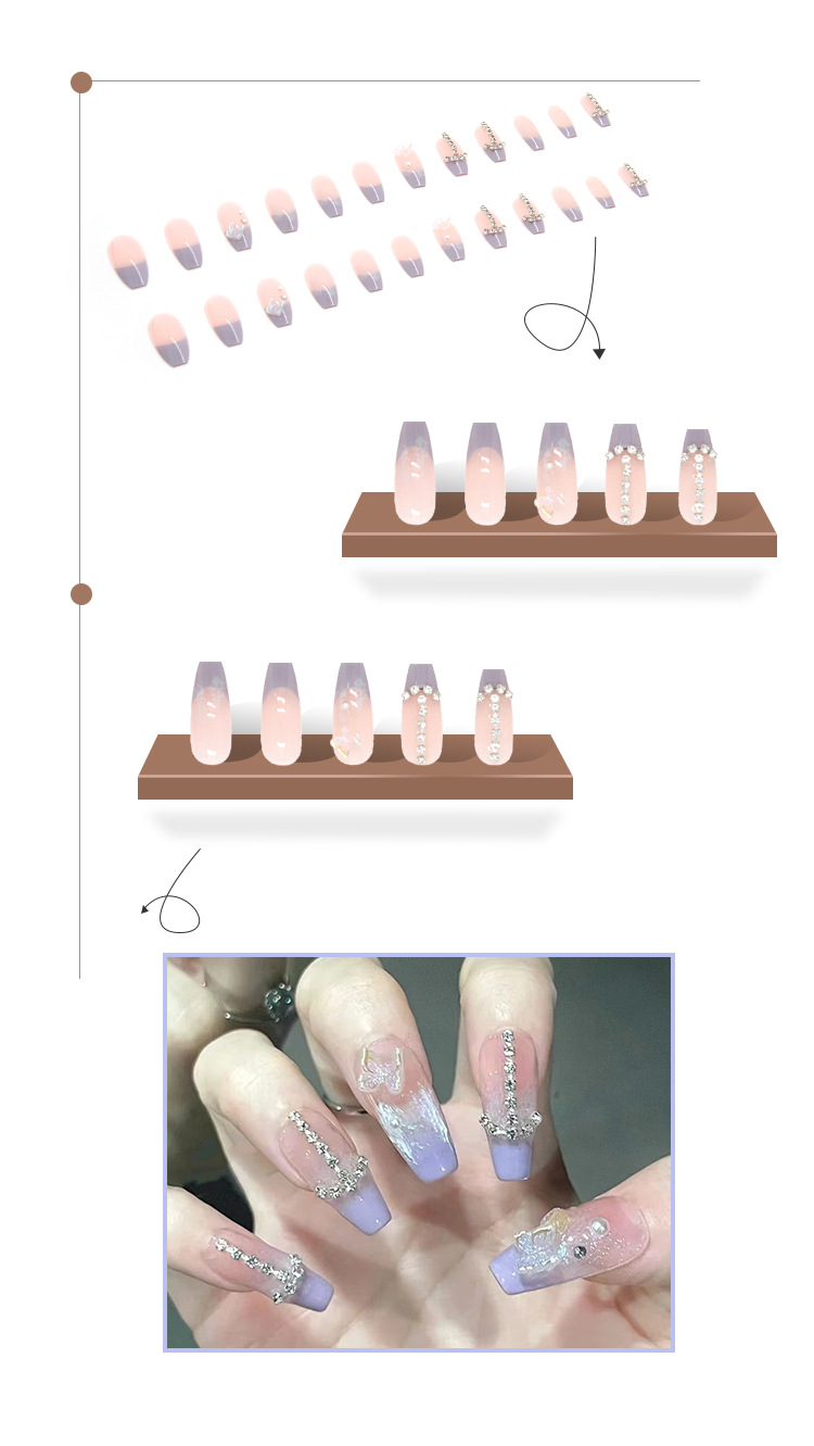 香芋牛奶穿戴甲蓝色法式水晶蝴蝶连钻款冰透美甲片长款假指甲