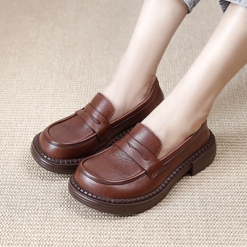 铂帝思英伦风小皮鞋女式鞋子 圆头厚底单鞋百搭真皮乐福鞋女新款