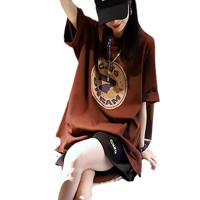 High-End Brown round Neck Chic Printed Loose T-shirt Two-Piece Women's Clothing Summer Pirate Shorts a Complete Set of Wear