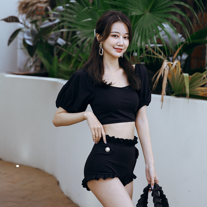 ins风黑色三点式日系波点吊带游泳衣女2022均码复古黑色现货分体数