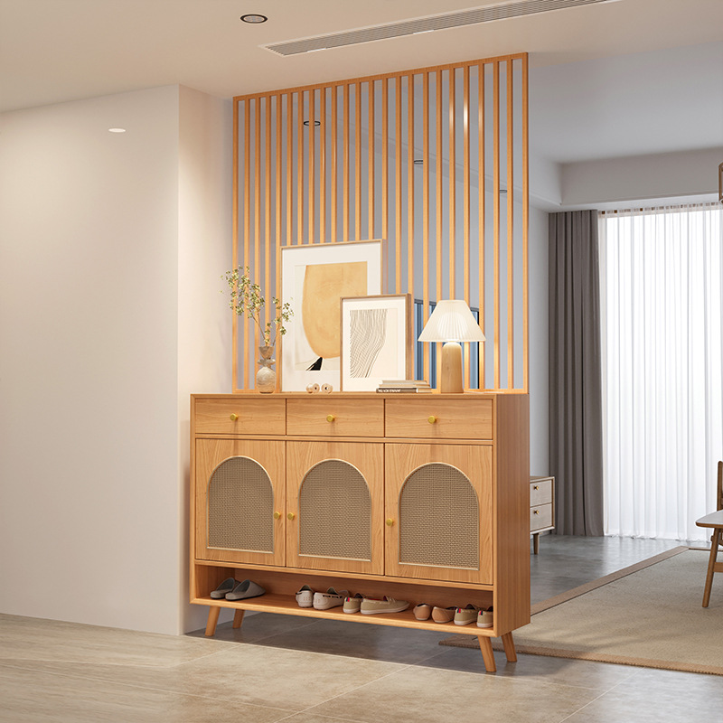 北欧实木鞋柜 家用入门藤编隔断收纳玄关柜客厅日式多功能储物柜