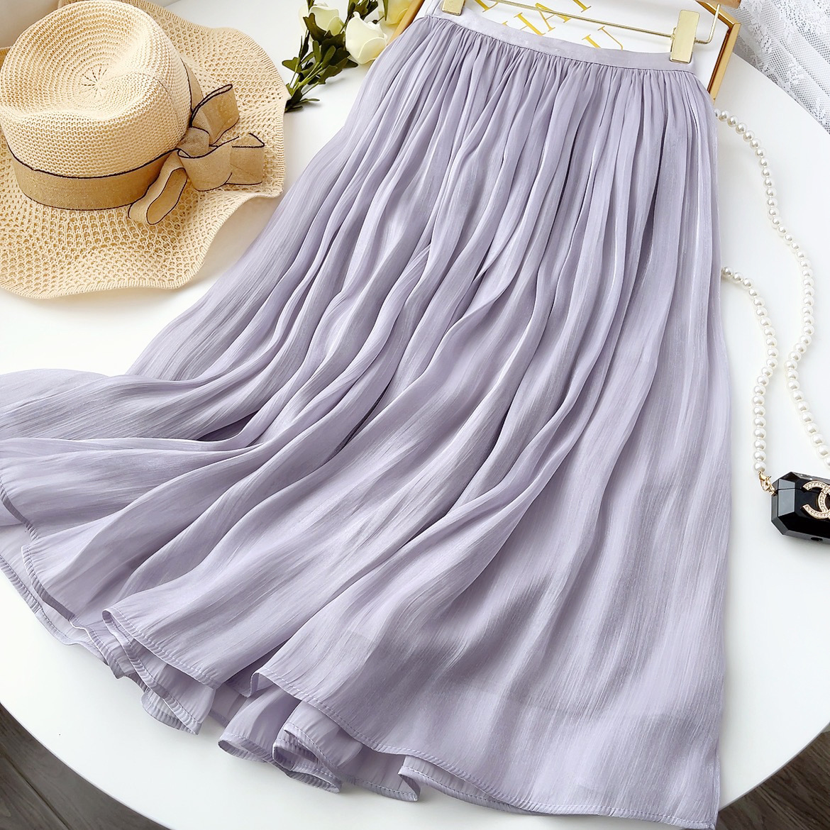 Mercerized Temperament Skirt Women's Slim-Fit Slimming Mid-Length A- line Skirt Pendant Elegant Summer Organza Skirt