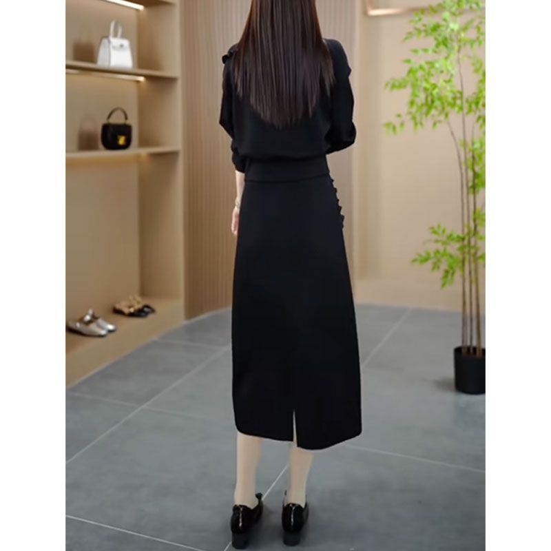 2025秋季新款时尚洋气设计感立体玫瑰花长袖上衣+半身裙两件套装