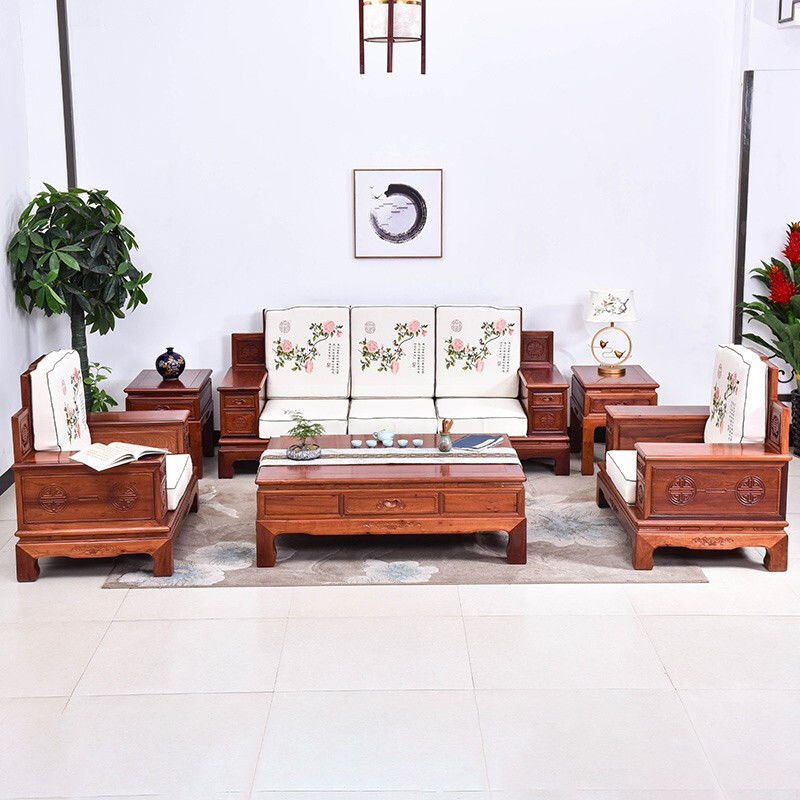 红木家具缅甸花梨新中式沙发实木沙发椅组合明清古典仿古 六件套