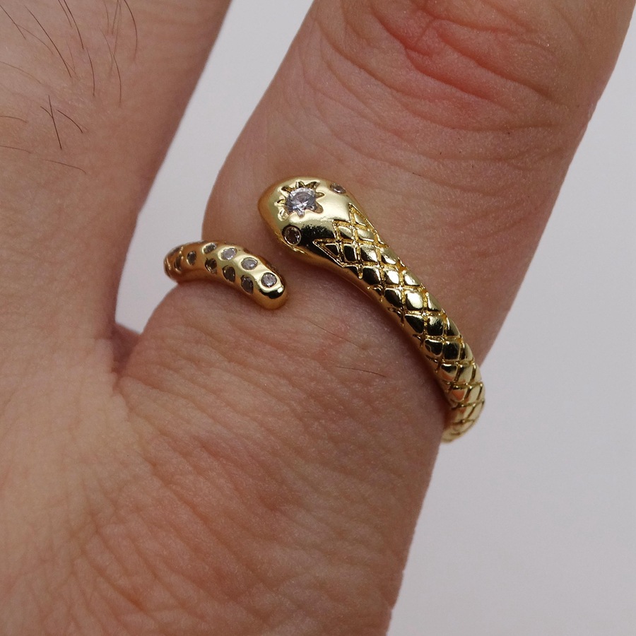 微镶锆石戒指蛇戒指开口可调节戒指镀14k浅金色眼镜蛇小型蛇戒指