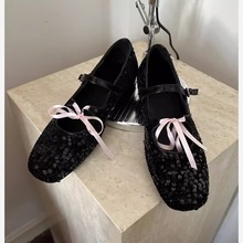 韩国小众亮片玛丽珍鞋女2024夏季新款绑带粗跟芭蕾舞一字扣带单鞋