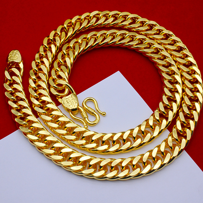 抖音网红同款轻奢黄铜镀金大号沙金男项链仿黄金12mm磨面古巴项链