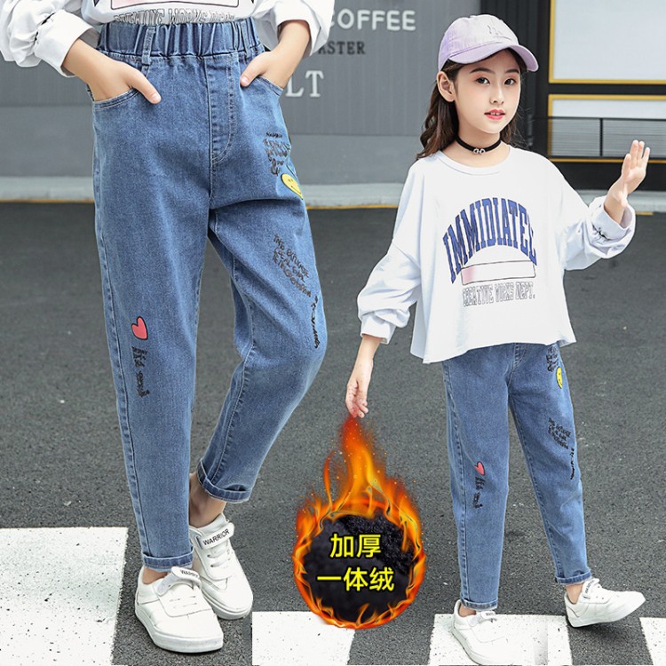 女童牛仔裤春秋2021新款洋气中大童裤子秋款外穿加绒阔腿儿童长裤